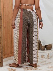 SHEIN LUNE Plus Geo Print Belted Wide Leg Trousers - Multicolor - View 2