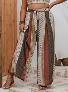 SHEIN LUNE Plus Geo Print Belted Wide Leg Trousers - Multicolor - View 3