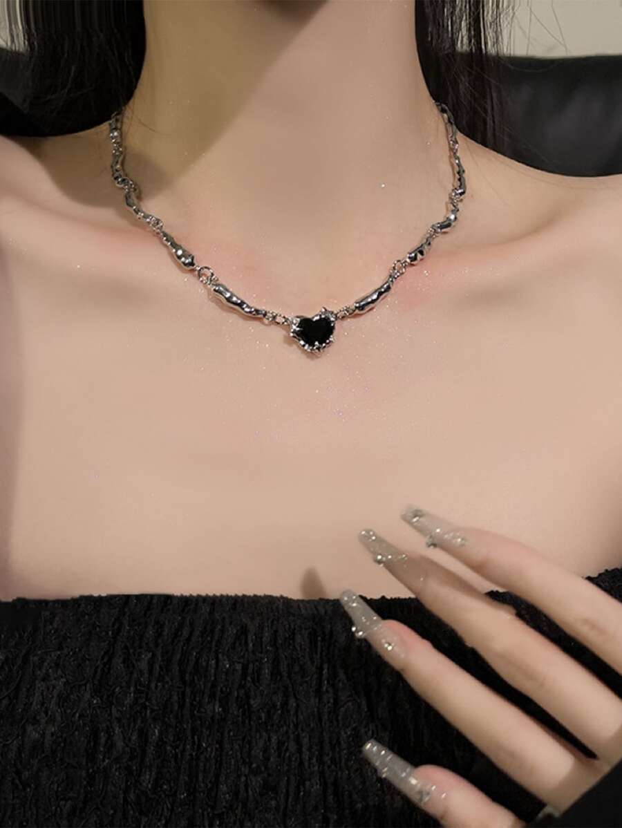 Collar de cadena con adorno de corazón - Plateado - Ver 1