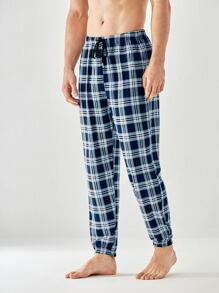 Męskie spodnie do spania w kratę ze ściągaczem w pasie, na jesień
