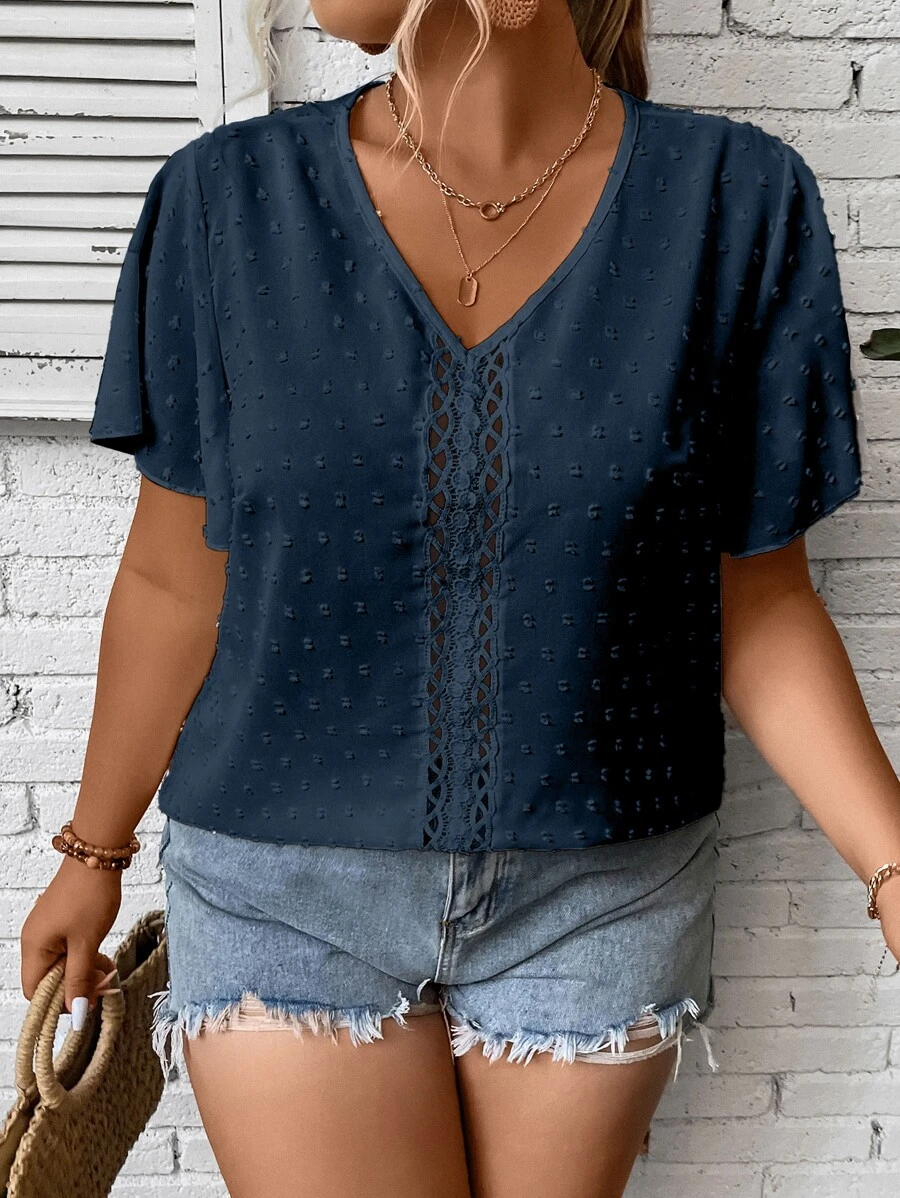 SHEIN LUNE Plus Swiss Dot Contrast Guipure Lace Blouse - Navy Blue - View 1