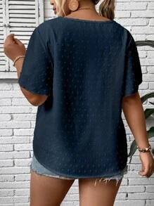 SHEIN LUNE Plus Swiss Dot Contrast Guipure Lace Blouse - Navy Blue - View 2