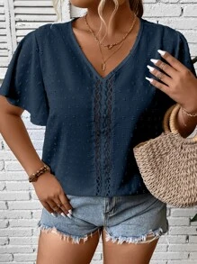 SHEIN LUNE Plus Swiss Dot Contrast Guipure Lace Blouse - Navy Blue - View 3