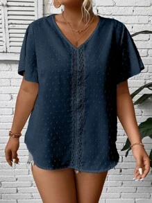SHEIN LUNE Plus Swiss Dot Contrast Guipure Lace Blouse - Navy Blue - View 5