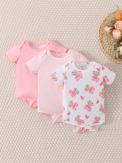 SHEIN Playful Pals 3pcs/Pack Newborn Casual Cute Bear Print Short Sleeve Bodysuit, Multi-Color Combination, Suitable For Outing And Home Leisure, Spring/Summer