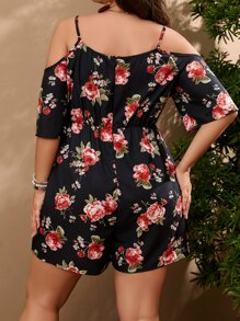 SHEIN LUNE Mono con estampado floral de hombros descubiertos con nudo delantero - Negro - Ver 2