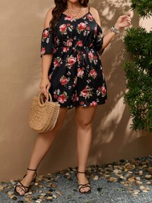 SHEIN LUNE Mono con estampado floral de hombros descubiertos con nudo delantero - Negro - Ver 5