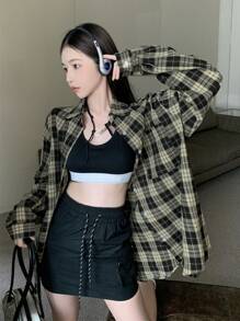Kẻ sọc Tartan Thả vai Áo sơ mi Oversized - Nhiều màu - Xem 1