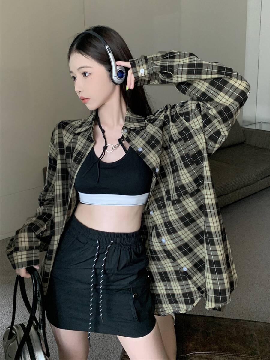 Kẻ sọc Tartan Thả vai Áo sơ mi Oversized - Nhiều màu - Xem 1