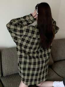 Kẻ sọc Tartan Thả vai Áo sơ mi Oversized - Nhiều màu - Xem 2