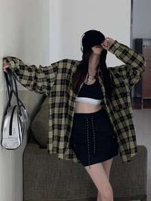 Kẻ sọc Tartan Thả vai Áo sơ mi Oversized - Nhiều màu - Xem 3