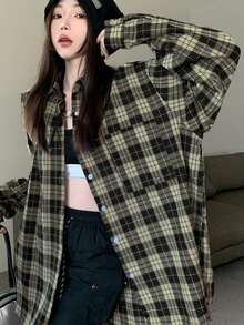 Kẻ sọc Tartan Thả vai Áo sơ mi Oversized - Nhiều màu - Xem 4