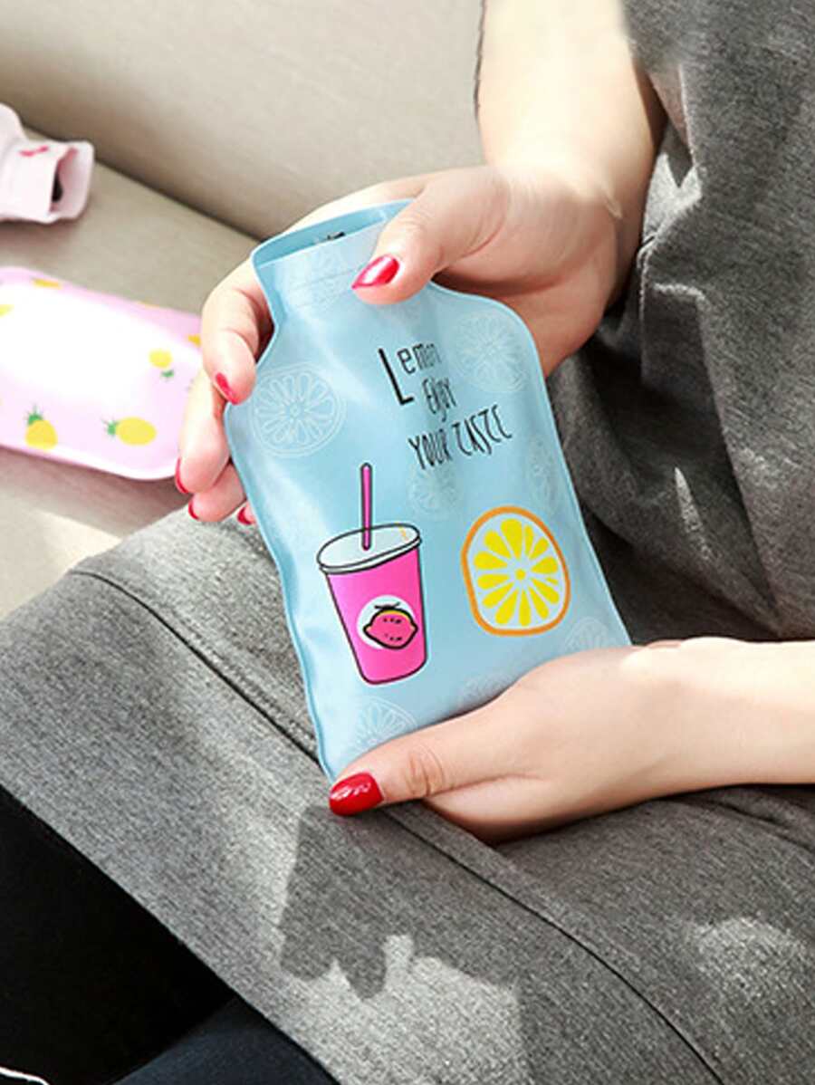 1 bolsa de agua caliente aleatoria con gráfico de dibujos animados, taza de dibujos animados y calentador de manos de PVC con estampado de limón para el hogar - Multicolor - Ver 1