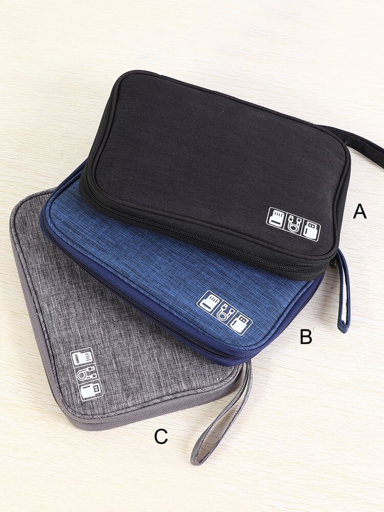 1pc Texture Pattern Data Cable Storage Bag, Multifunction Polyester Electronic Accessory Organizer Bag, For Travel