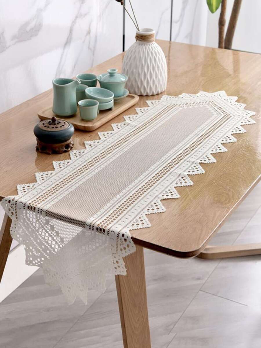 1pc Hollow Lace Table Runner, 114x33cm European White Table Decoration Cloth For Dining Room - Beige - View 1