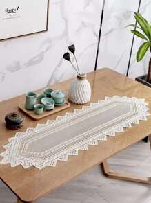 1pc Hollow Lace Table Runner, 114x33cm European White Table Decoration Cloth For Dining Room - Beige - View 3