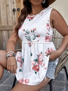 SHEIN Holidaya Áo hai dây Plus Size Viên lá sen Hoa Boho - trắng - Xem 1