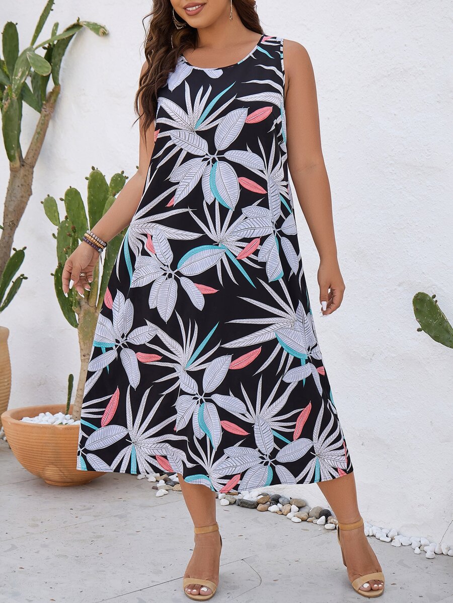 SHEIN LUNE Plus Tropical Print Tank Dress - Black - View 1