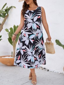 SHEIN LUNE Plus Tropical Print Tank Dress - Black - View 4