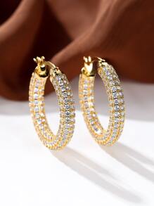 水鑽裝飾圓耳環 - 金黃色 - 查看 1