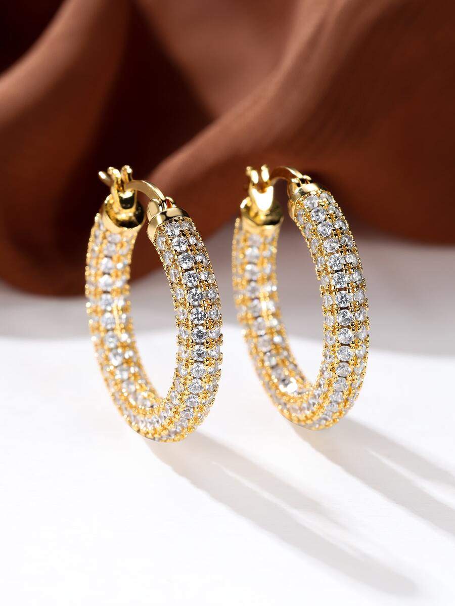 水鑽裝飾圓耳環 - 金黃色 - 查看 1