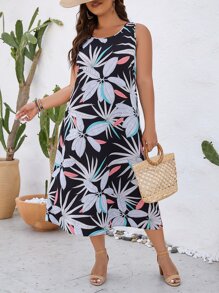 SHEIN LUNE Plus Tropical Print Tank Dress - Black - View 6