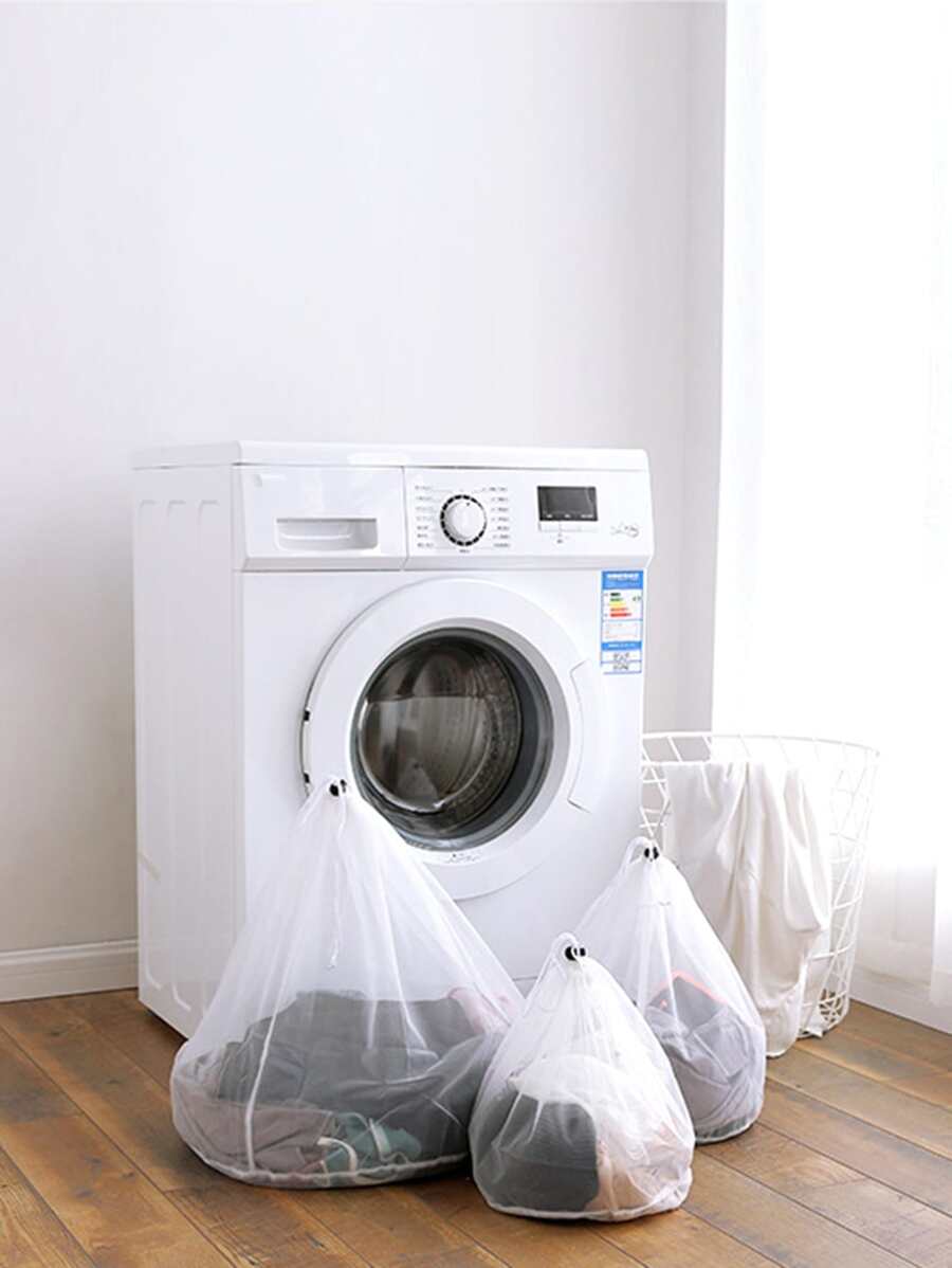 ROMWE 1pc Drawstring Mesh Laundry Bag, White Large Laundry Basket For Washing Machine - White - View 1