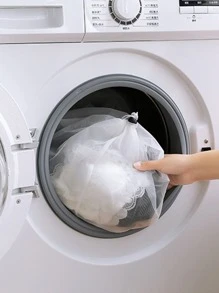 ROMWE 1pc Drawstring Mesh Laundry Bag, White Large Laundry Basket For Washing Machine - White - View 3