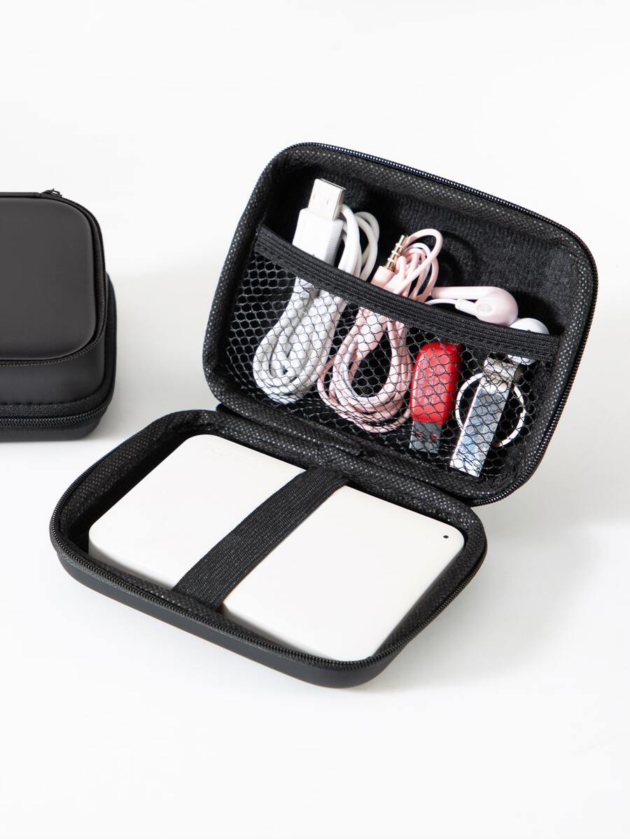 1pc Portable Data Cable Storage Bag, Black Electronic Product Bag For Outdoor - Black - View 1