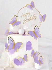 10 piezas decoraciones de mariposa para pastel, tapa de pastel acrílica de feliz cumpleaños, mariposas de simulación para decoración de fiesta de boda, regreso a la escuela, día de San Valentín - Morado - Ver 1