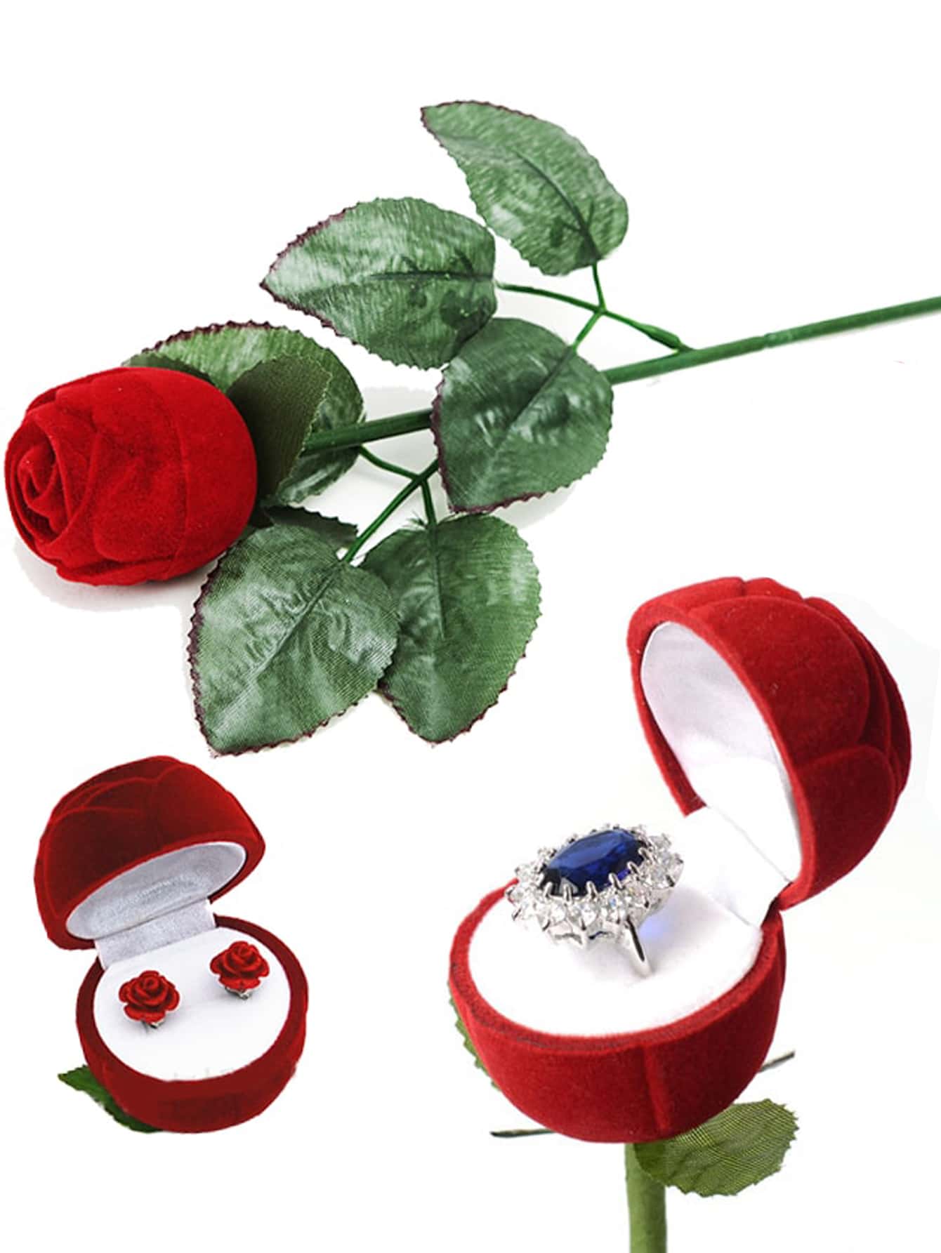 Ancora Va Romantica Bei Grandi Fiore E Scatola Della Rosa Rossa Con L'anello Di Fidanzamento La Pietra Preziosa Blu Scuro Del Image113546396