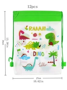 12入組卡通恐龍印花抽繩禮品袋 - 彩色 - 查看 4