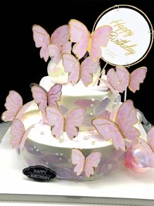10 piezas/set decoración de pastel en forma de mariposa, adorno de pastel de decoración de mariposa de papel moderno para fiesta de cumpleaños - Rosa - Ver 2