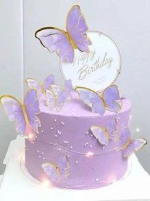 10 piezas decoraciones de mariposa para pastel, tapa de pastel acrílica de feliz cumpleaños, mariposas de simulación para decoración de fiesta de boda, regreso a la escuela, día de San Valentín - Morado - Ver 4