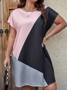 SHEIN LUNE Plus Colourblock Batwing Sleeve Dress - Multicolor - View 4
