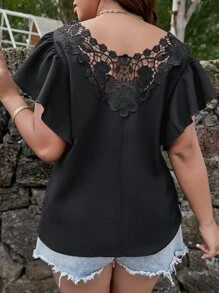 SHEIN LUNE 大碼拼接水溶蕾絲蝴蝶袖襯衫 - 黑色 - 查看 1