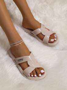 女士字母細節時尚拖鞋 - 杏色 - 查看 4