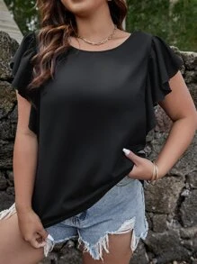 SHEIN LUNE 大碼拼接水溶蕾絲蝴蝶袖襯衫 - 黑色 - 查看 4