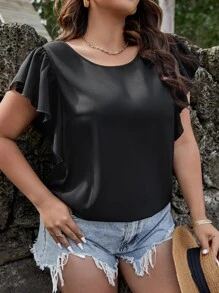 SHEIN LUNE 大碼拼接水溶蕾絲蝴蝶袖襯衫 - 黑色 - 查看 5