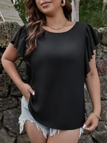 SHEIN LUNE 大碼拼接水溶蕾絲蝴蝶袖襯衫 - 黑色 - 查看 6