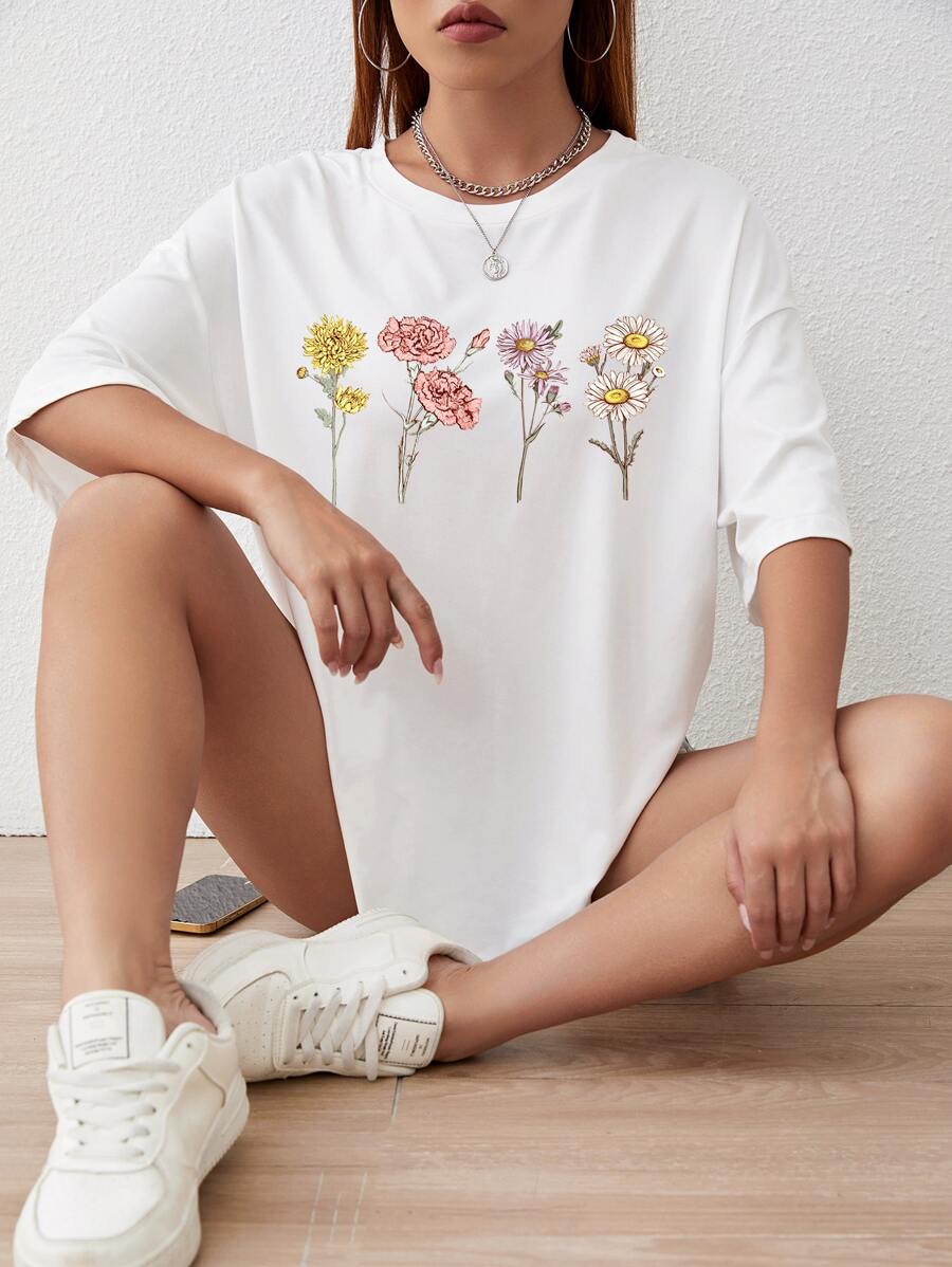 SHEIN EZwear 印花落肩T恤 - 白色 - 查看 1