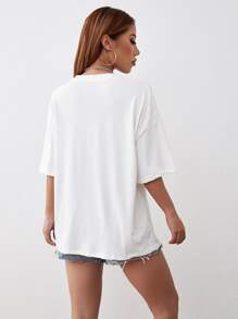 SHEIN EZwear 印花落肩T恤 - 白色 - 查看 2