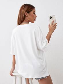 SHEIN EZwear 印花落肩T恤 - 白色 - 查看 3