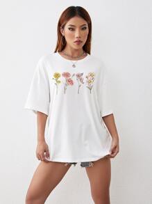 SHEIN EZwear 印花落肩T恤 - 白色 - 查看 4