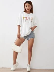 SHEIN EZwear 印花落肩T恤 - 白色 - 查看 5
