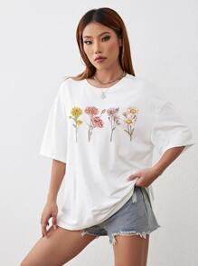 SHEIN EZwear 印花落肩T恤 - 白色 - 查看 7
