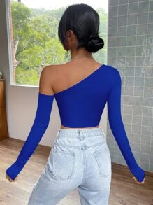 SHEIN EZwear Áo thun nữ Bất đối xứng màu trơn Giải trí - Xanh đậm - Xem 2