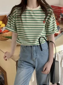 Camiseta de hombros caídos de rayas - Verde - Ver 4