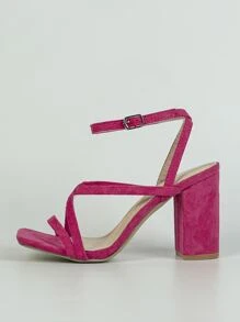 女士交叉搭扣裝飾粗跟前衛粉色仿麂皮踝帶平底涼鞋 - 玫紅色 - 查看 4