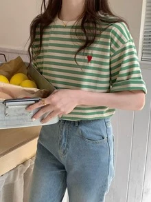 Camiseta de hombros caídos de rayas - Verde - Ver 5